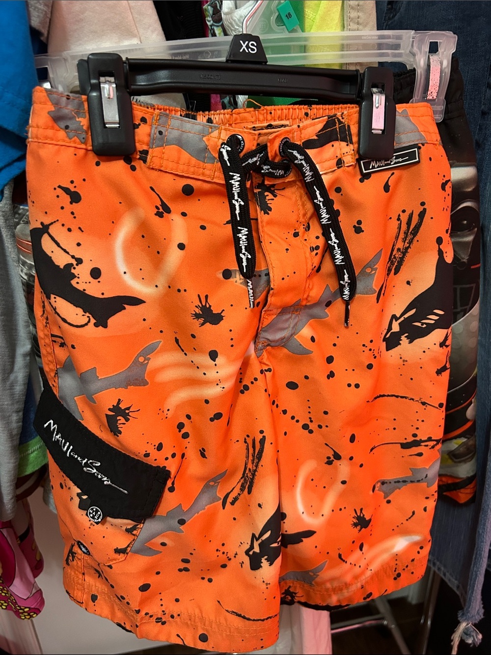 Maui and Sons Kids Orange Shark Print Swim Trunks